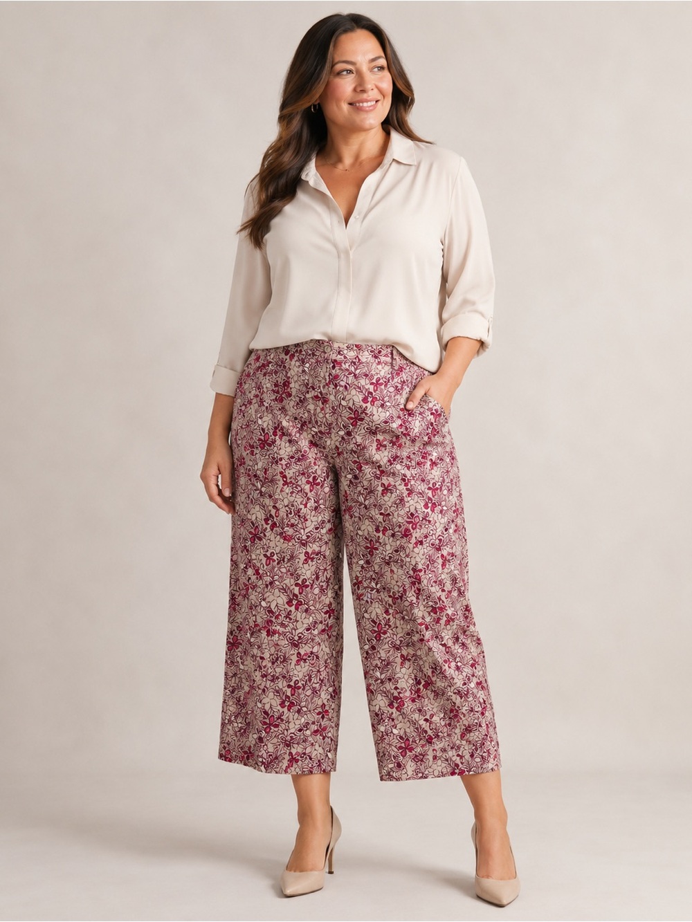 Valerie Stevens 100% Linen Floral Wide Leg Capri Pants Size 16 Cottagecore